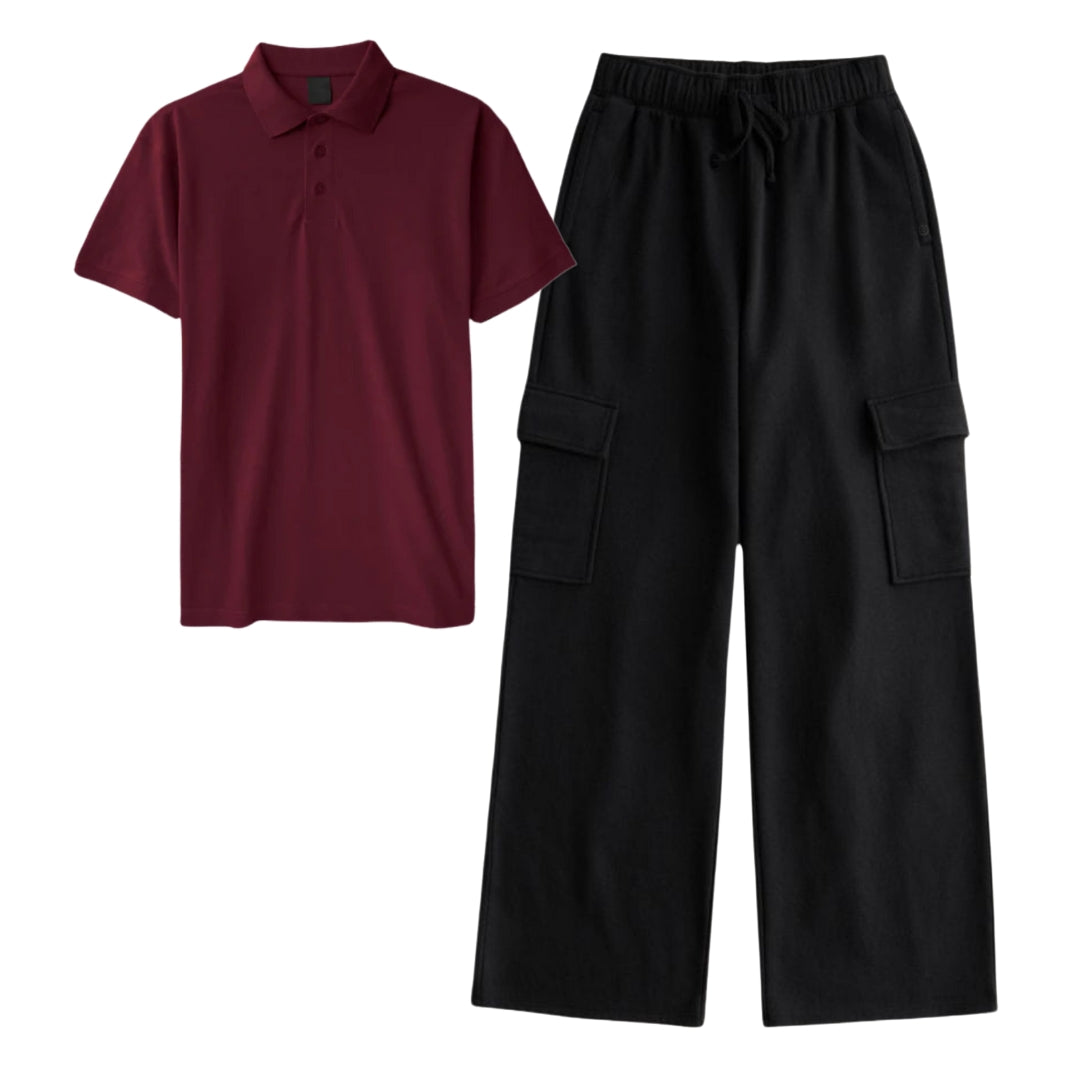 Maroon polo with cargo trouser set