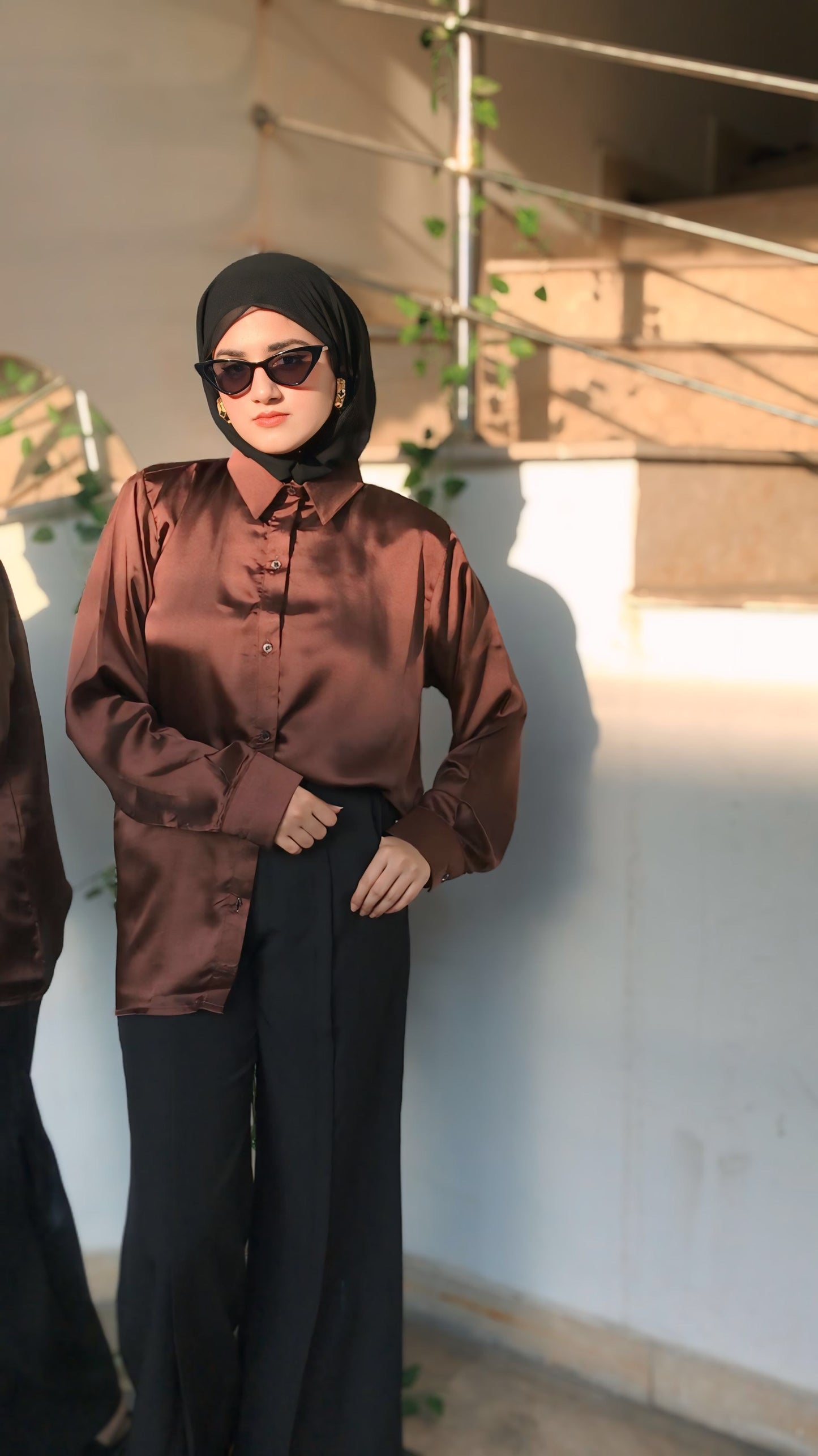 Brown button down silk shirt