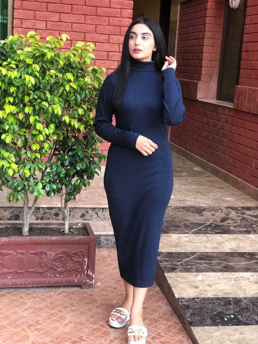 Blue highneck bodycon dress