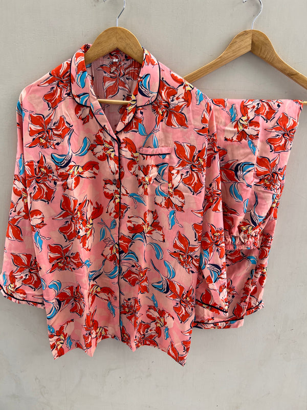 Light pink florals summer linen pj suit