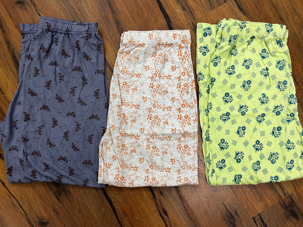 Pack of three cotton jersey trousers ( green flowers - blue butterflies- white wines)