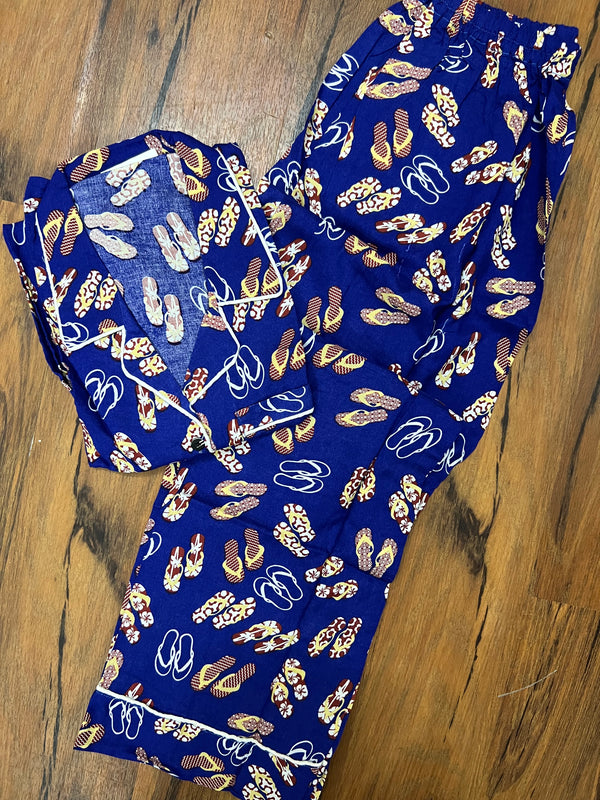 Royal blue cute slippers print summer linen pj suit