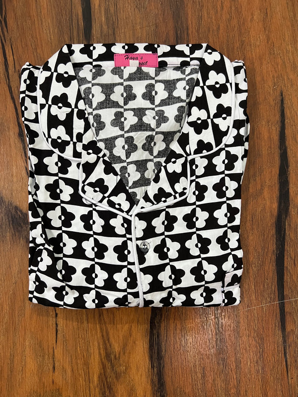 Black white flowers summer linen pj suit