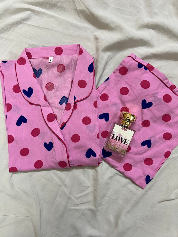 Pink polka hearts summer linen pj suit
