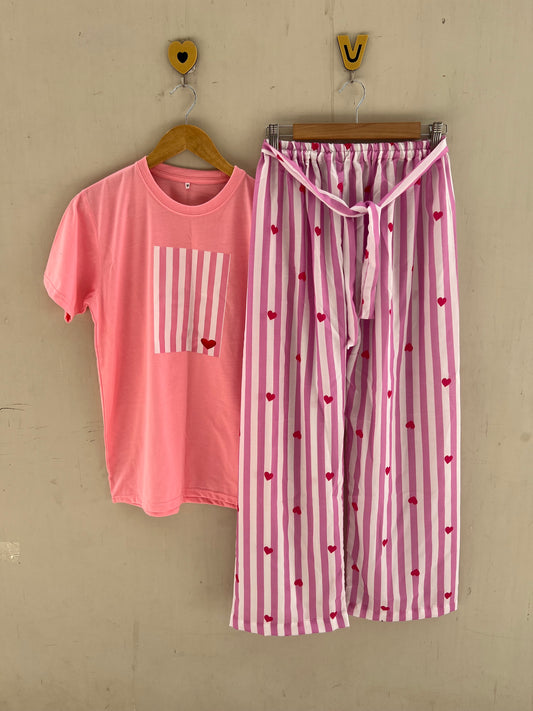 Pink Hearts stripes plazo t-shirts set