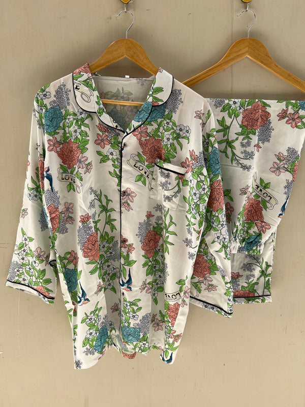 White flowers love summer linen pj suit