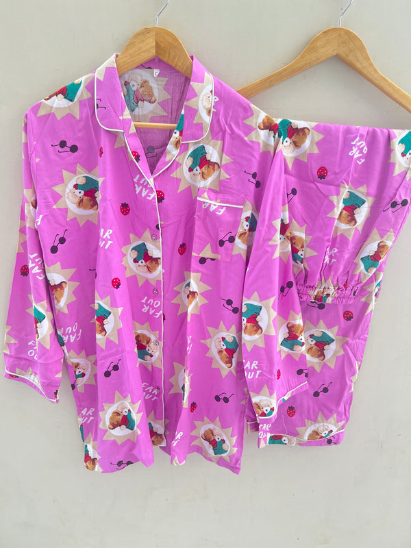 Pink ted bears summer linen pj suit