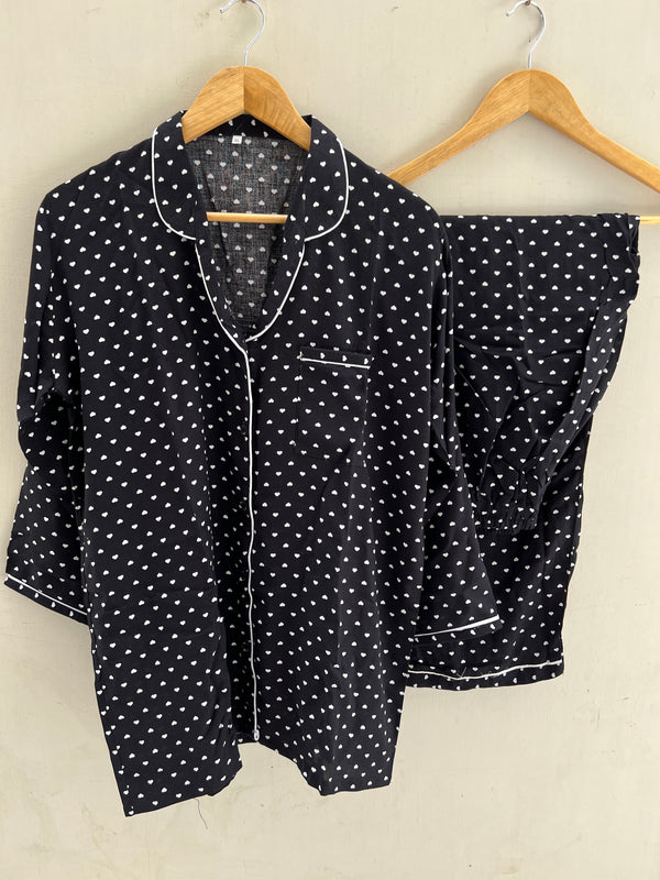 Black mini hearts summer linen pj suit