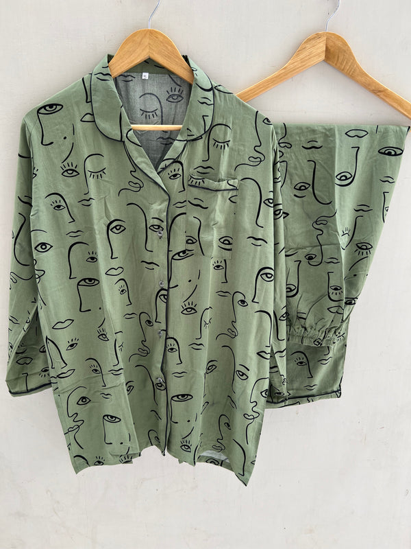 Olive girl face summer linen pj suit