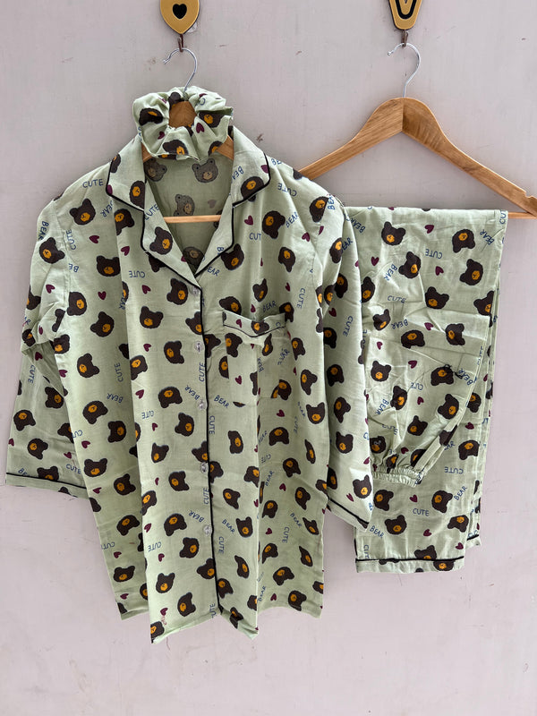 Green cute bears cotton pj suit with scrunchie