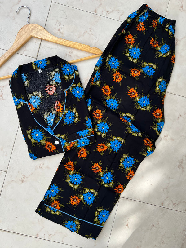 Black flowers summer linen pj suit