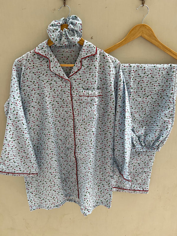 Sky blue cute printed cotton pj suit with scrunchie