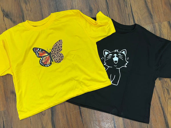 Pack of two crop t-shirts large size ( leopard butterfly - laughing cat) 50% off