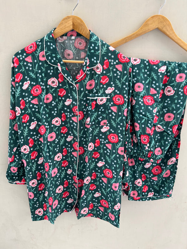 Green rose flowers summer linen pj suit