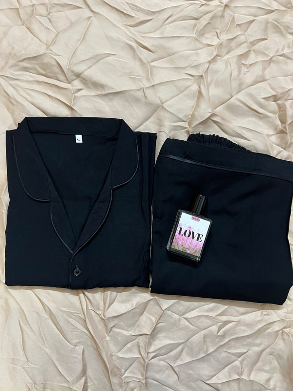 Solid black summer linen pj suit