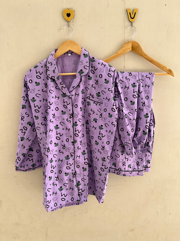 Lilac alphabets summer cotton pj suit