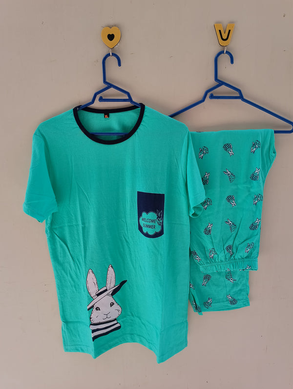 Green rabbit cotton jersey nightsuit