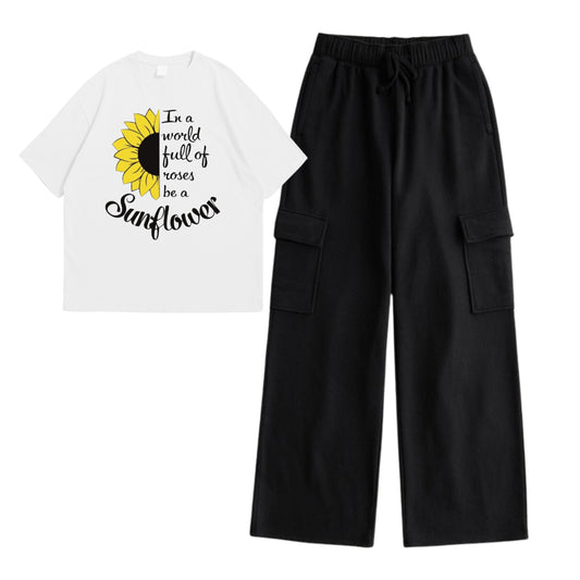 White sunflower t-shirt with cargo trouser set