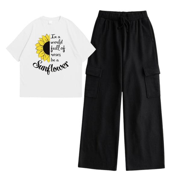 White sunflower t-shirt with cargo trouser set