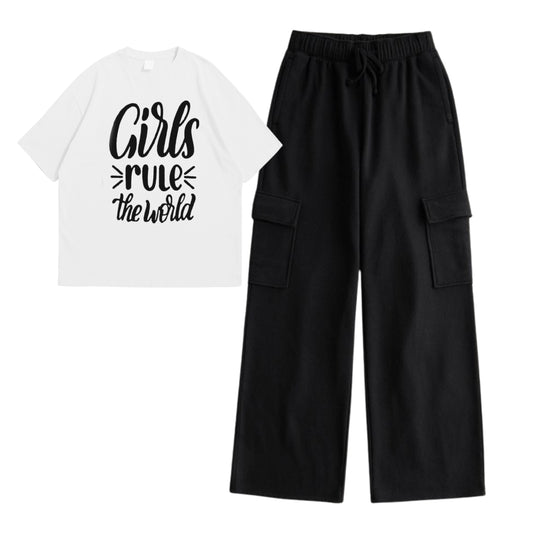 White girls rule t-shirt with cargo trouser set