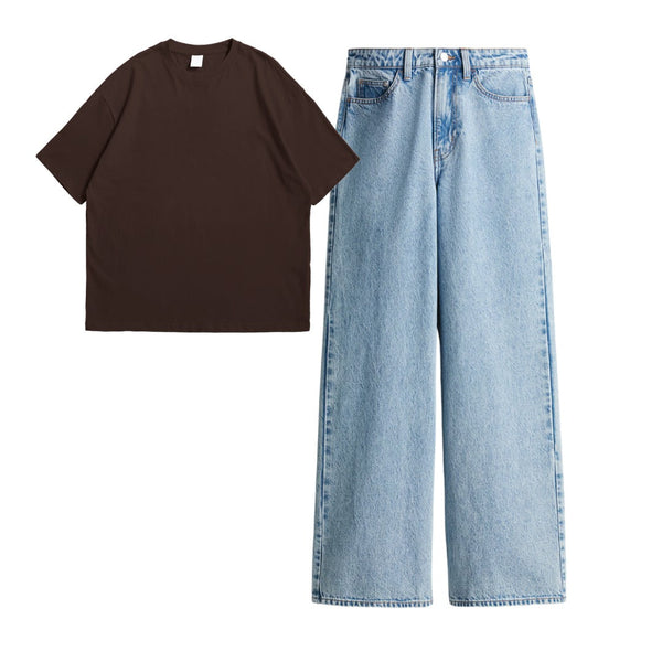 Brown drop shoulder t-shirt with light blue wide leg jeans