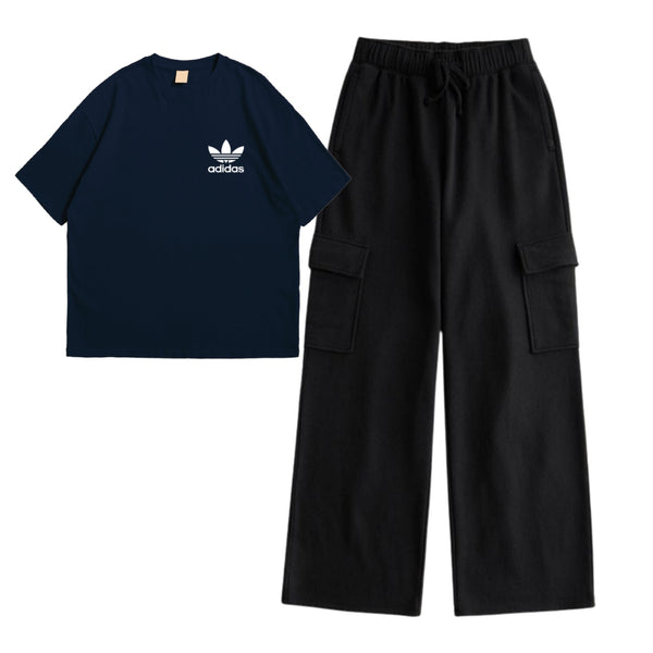 Blue ad logo drop shoulder t-shirt with cargo trouser set