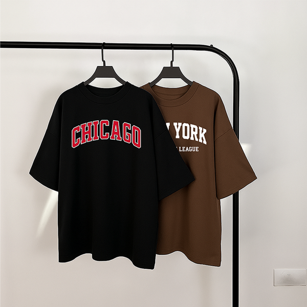 Pack of two oversize drop shoulder t-shirts ( black chicago - brown newyork )