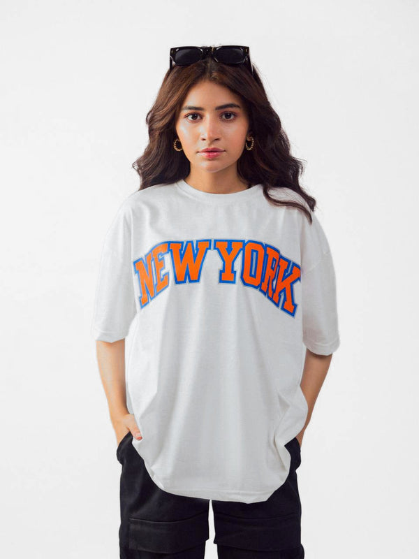 White New York orng oversize drop shoulder t-shirt