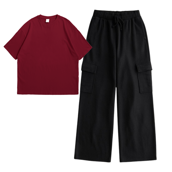 Maroon t-shirt with cargo trouser set