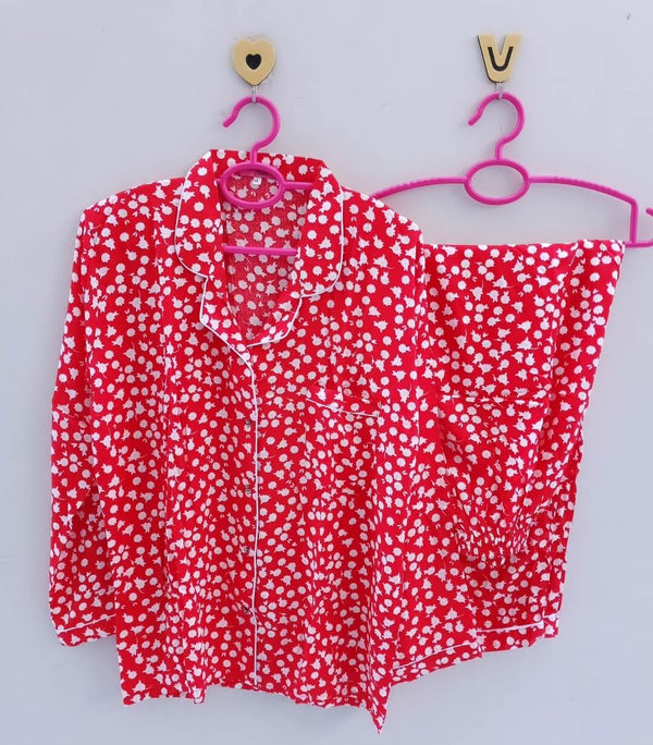 Red white flowers linen pj suit