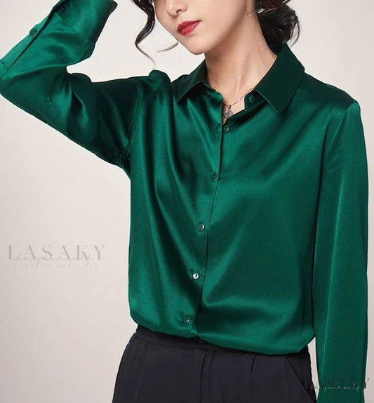 Green button down silk shirt