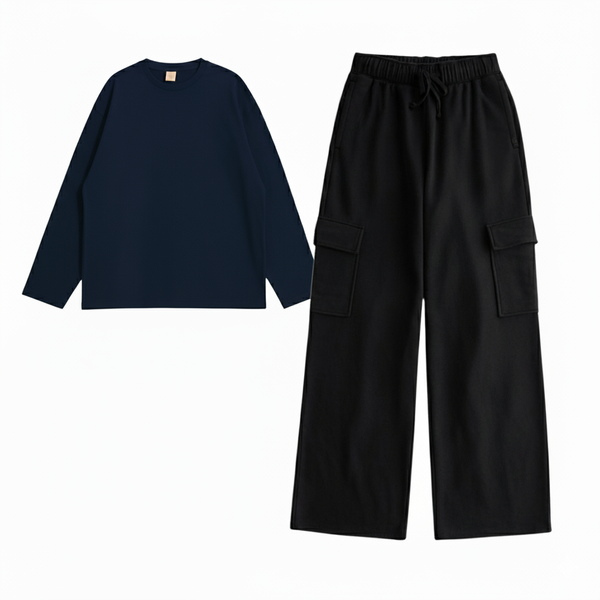Blue full sleeves T-shirt with cargo trouser set