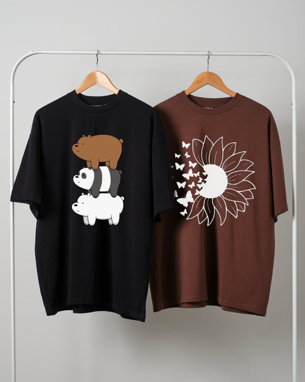 Pack of two drop shoulder t-shirts (bare bears - sunflower butterfly )