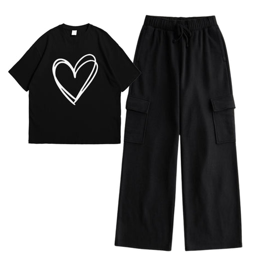 Black big heart t-shirt with cargo trouser set