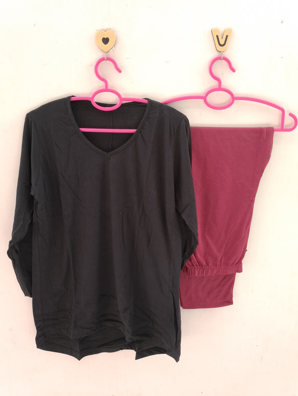 Black maroon cotton jersey nightsuit