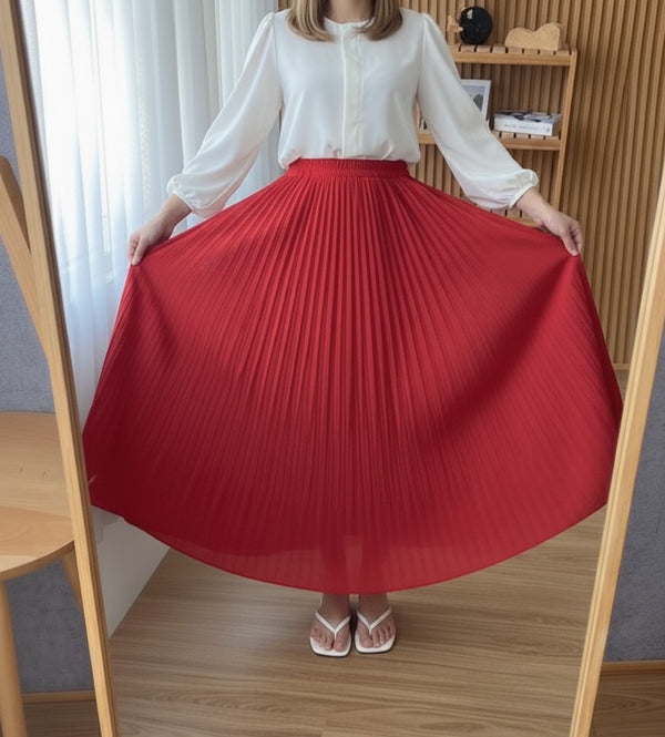 Red long pleated skirt