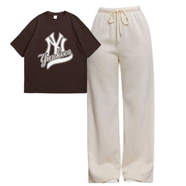 Brown NY Yankees drop shoulder T-shirt with skin flapper trouser set