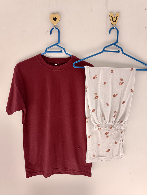 Maroon leaves cotton jersey nightsuit