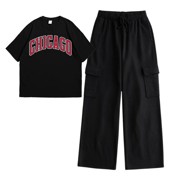 Chicago drop shoulder T-shirt with cargo trouser set