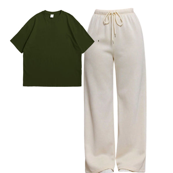 Olive plain drop shoulder T-shirt with skin flapper trouser set
