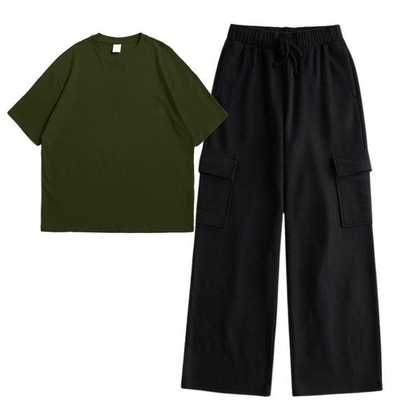 Olive plain drop shoulder T-shirt with cargo trouser set