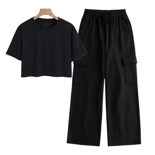 Black crop t-shirt with cargo trouser set