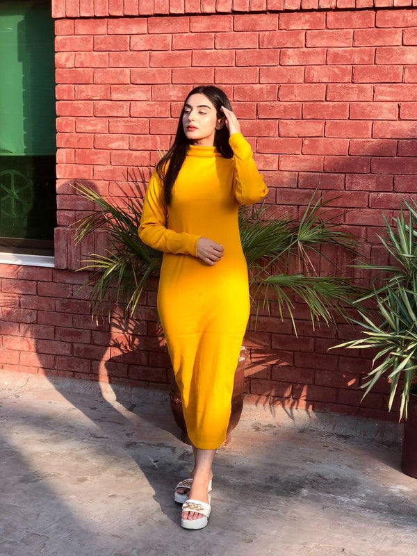 Mustard highneck bodycon dress