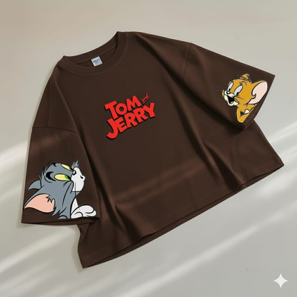 Brown Tom and Jerry oversize drop shoulder t-shirt