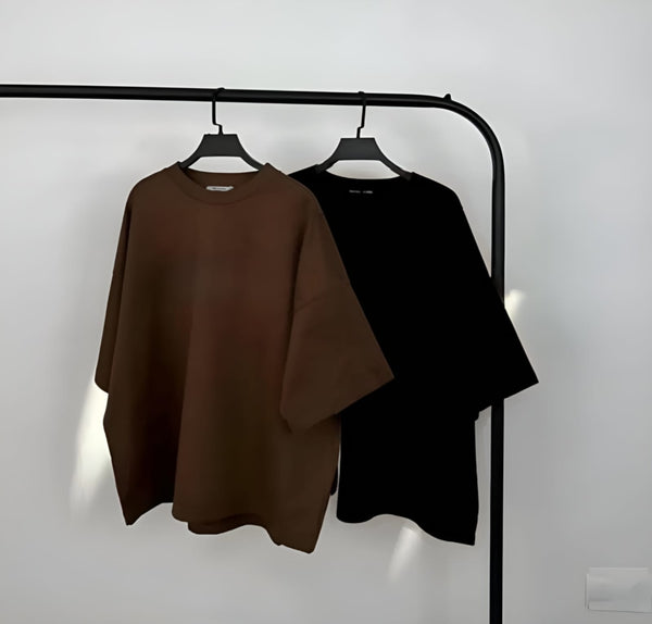 Pack of two plain oversize drop shoulder t-shirts (Brown - black)