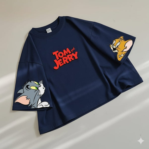 Navy blue Tom and Jerry oversize drop shoulder t-shirt
