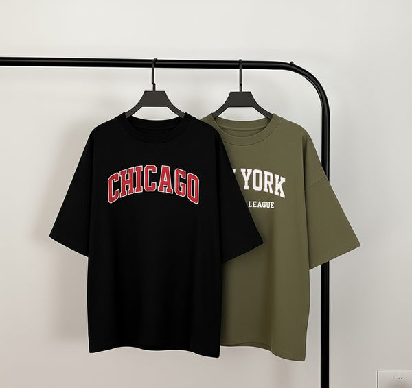 Pack of two oversize drop shoulder t-shirts (Chicago blk - NY olive)