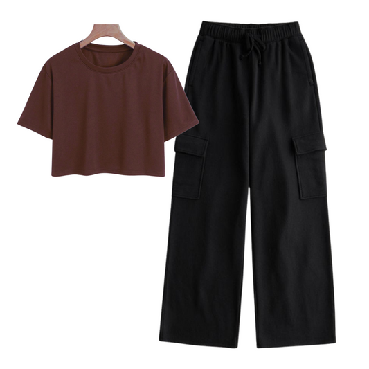 Brown crop t-shirt with cargo trouser set