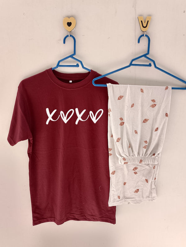 Xoxo maroon cotton jersey nightsuit