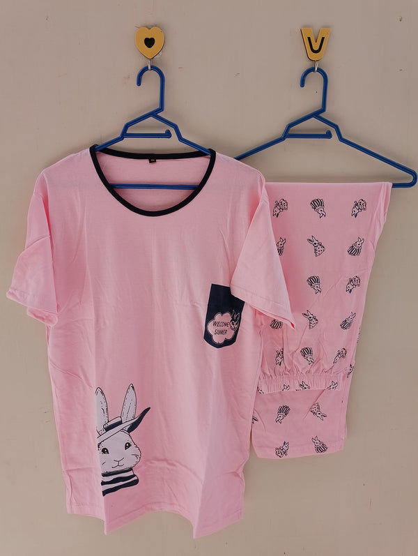 Pink rabbit cotton jersey nightsuit